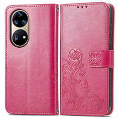 Coque Portefeuille Fleurs Livre Cuir Etui Clapet pour Huawei P50 Pro Rouge