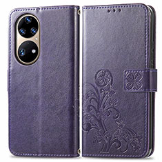 Coque Portefeuille Fleurs Livre Cuir Etui Clapet pour Huawei P50 Pro Violet