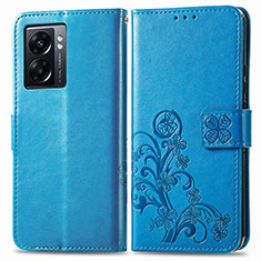 Coque Portefeuille Fleurs Livre Cuir Etui Clapet pour Oppo A56S 5G Bleu