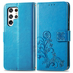 Coque Portefeuille Fleurs Livre Cuir Etui Clapet pour Samsung Galaxy S22 Ultra 5G Bleu
