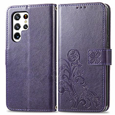 Coque Portefeuille Fleurs Livre Cuir Etui Clapet pour Samsung Galaxy S22 Ultra 5G Violet