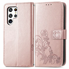 Coque Portefeuille Fleurs Livre Cuir Etui Clapet pour Samsung Galaxy S23 Ultra 5G Rose