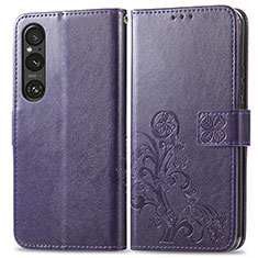 Coque Portefeuille Fleurs Livre Cuir Etui Clapet pour Sony Xperia 1 V Violet