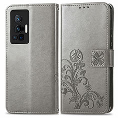 Coque Portefeuille Fleurs Livre Cuir Etui Clapet pour Vivo X70 Pro 5G Gris