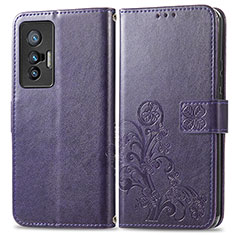 Coque Portefeuille Fleurs Livre Cuir Etui Clapet pour Vivo X70t Violet