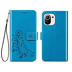 Coque Portefeuille Fleurs Livre Cuir Etui Clapet pour Xiaomi Mi 11 5G Bleu