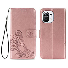 Coque Portefeuille Fleurs Livre Cuir Etui Clapet pour Xiaomi Mi 11 5G Rose