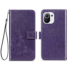 Coque Portefeuille Fleurs Livre Cuir Etui Clapet pour Xiaomi Mi 11 5G Violet