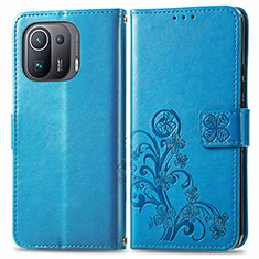 Coque Portefeuille Fleurs Livre Cuir Etui Clapet pour Xiaomi Mi 11 Pro 5G Bleu