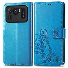 Coque Portefeuille Fleurs Livre Cuir Etui Clapet pour Xiaomi Mi 11 Ultra 5G Bleu
