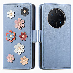 Coque Portefeuille Fleurs Livre Cuir Etui Clapet S02D pour Huawei Mate 50 Pro Bleu