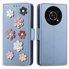 Coque Portefeuille Fleurs Livre Cuir Etui Clapet S02D pour Huawei Nova Y90 Bleu