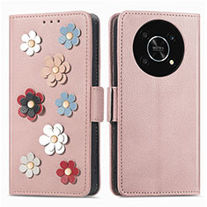 Coque Portefeuille Fleurs Livre Cuir Etui Clapet S02D pour Huawei Nova Y90 Or Rose