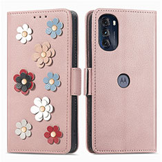 Coque Portefeuille Fleurs Livre Cuir Etui Clapet S02D pour Motorola Moto G 5G (2022) Or Rose