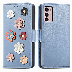 Coque Portefeuille Fleurs Livre Cuir Etui Clapet S02D pour Motorola Moto G42 Bleu