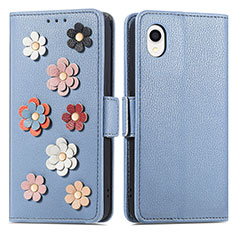 Coque Portefeuille Fleurs Livre Cuir Etui Clapet S02D pour Samsung Galaxy A22 5G SC-56B Bleu