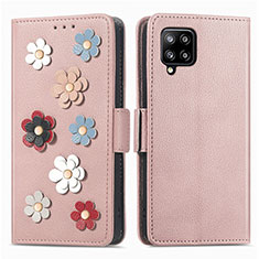 Coque Portefeuille Fleurs Livre Cuir Etui Clapet S02D pour Samsung Galaxy A42 5G Or Rose