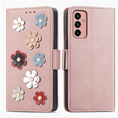 Coque Portefeuille Fleurs Livre Cuir Etui Clapet S02D pour Samsung Galaxy F13 4G Or Rose