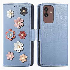Coque Portefeuille Fleurs Livre Cuir Etui Clapet S02D pour Samsung Galaxy M13 5G Bleu