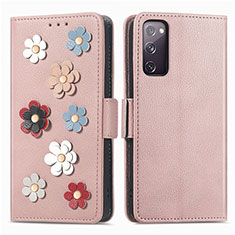 Coque Portefeuille Fleurs Livre Cuir Etui Clapet S02D pour Samsung Galaxy S20 FE (2022) 5G Or Rose