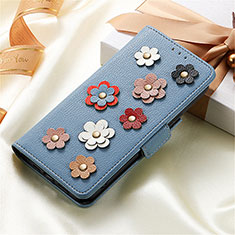 Coque Portefeuille Fleurs Livre Cuir Etui Clapet S02D pour Samsung Galaxy S22 5G Bleu