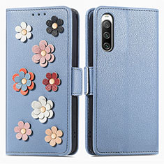 Coque Portefeuille Fleurs Livre Cuir Etui Clapet S02D pour Sony Xperia 10 V Bleu