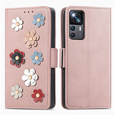 Coque Portefeuille Fleurs Livre Cuir Etui Clapet S02D pour Xiaomi Mi 12T 5G Or Rose