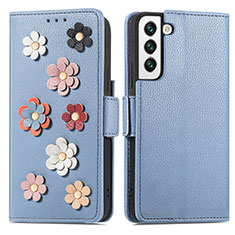 Coque Portefeuille Fleurs Livre Cuir Etui Clapet S04D pour Samsung Galaxy S22 Plus 5G Bleu