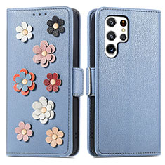 Coque Portefeuille Fleurs Livre Cuir Etui Clapet S04D pour Samsung Galaxy S22 Ultra 5G Bleu