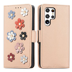 Coque Portefeuille Fleurs Livre Cuir Etui Clapet S04D pour Samsung Galaxy S22 Ultra 5G Or