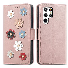 Coque Portefeuille Fleurs Livre Cuir Etui Clapet S04D pour Samsung Galaxy S22 Ultra 5G Or Rose