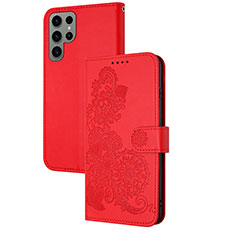 Coque Portefeuille Fleurs Livre Cuir Etui Clapet Y01X pour Samsung Galaxy S23 Ultra 5G Rouge