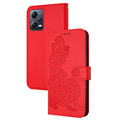 Coque Portefeuille Fleurs Livre Cuir Etui Clapet Y01X pour Xiaomi Redmi Note 12 5G Rouge