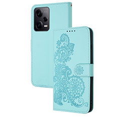 Coque Portefeuille Fleurs Livre Cuir Etui Clapet Y01X pour Xiaomi Redmi Note 12 Pro 5G Bleu Clair