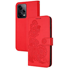 Coque Portefeuille Fleurs Livre Cuir Etui Clapet Y01X pour Xiaomi Redmi Note 12 Pro 5G Rouge