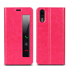 Coque Portefeuille Livre Cuir Etui Clapet L02 pour Huawei P20 Rose Rouge