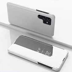 Coque Portefeuille Livre Cuir Miroir Housse Etui Clapet H01 pour Samsung Galaxy S21 Ultra 5G Argent