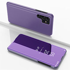 Coque Portefeuille Livre Cuir Miroir Housse Etui Clapet pour Samsung Galaxy S22 Ultra 5G Violet