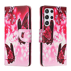 Coque Portefeuille Motif Fantaisie Livre Cuir Etui Clapet H02X pour Samsung Galaxy S22 Ultra 5G Rose Rouge