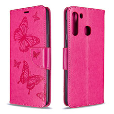 Coque Portefeuille Papillon Livre Cuir Etui Clapet B01F pour Samsung Galaxy A21 Rose Rouge