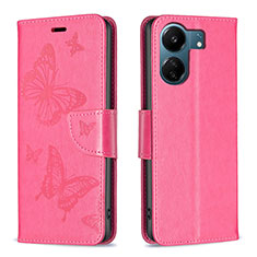 Coque Portefeuille Papillon Livre Cuir Etui Clapet B01F pour Xiaomi Redmi 13C Rose Rouge