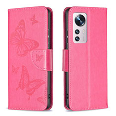 Coque Portefeuille Papillon Livre Cuir Etui Clapet B13F pour Xiaomi Mi 12 5G Rose Rouge