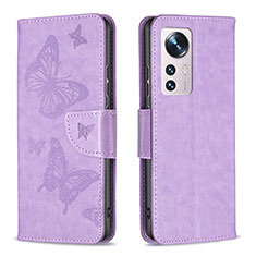 Coque Portefeuille Papillon Livre Cuir Etui Clapet B13F pour Xiaomi Mi 12 5G Violet Clair