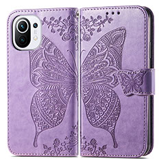 Coque Portefeuille Papillon Livre Cuir Etui Clapet L02 pour Xiaomi Mi 11 5G Violet Clair
