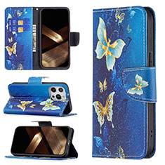 Coque Portefeuille Papillon Livre Cuir Etui Clapet L07 pour Apple iPhone 15 Pro Max Bleu