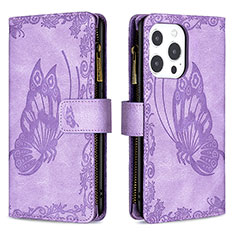 Coque Portefeuille Papillon Livre Cuir Etui Clapet L08 pour Apple iPhone 14 Pro Max Violet
