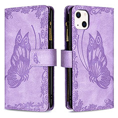 Coque Portefeuille Papillon Livre Cuir Etui Clapet L08 pour Apple iPhone 14 Violet