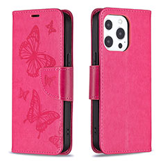 Coque Portefeuille Papillon Livre Cuir Etui Clapet L09 pour Apple iPhone 13 Pro Max Rose Rouge