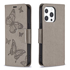 Coque Portefeuille Papillon Livre Cuir Etui Clapet L09 pour Apple iPhone 14 Pro Gris Fonce