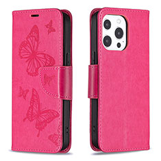 Coque Portefeuille Papillon Livre Cuir Etui Clapet L09 pour Apple iPhone 14 Pro Max Rose Rouge